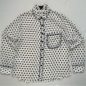 Cape Madras Sheer Polka Dot Button Up Blouse White Navy Blue Medium